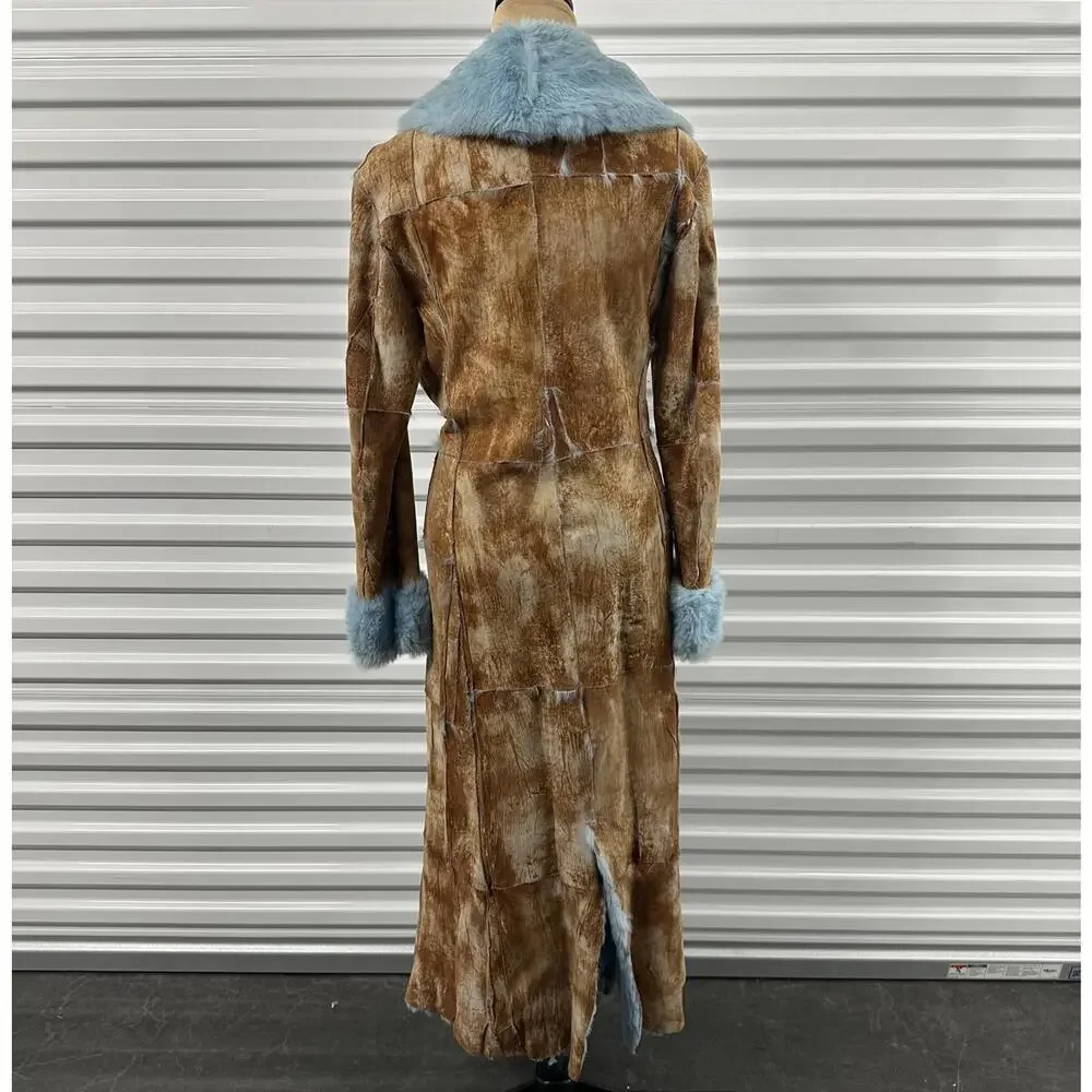 Vintage Long Rabbit Fur Trimmed Coat with Blue Accents - Size small to medium - Picture 2 of 8
